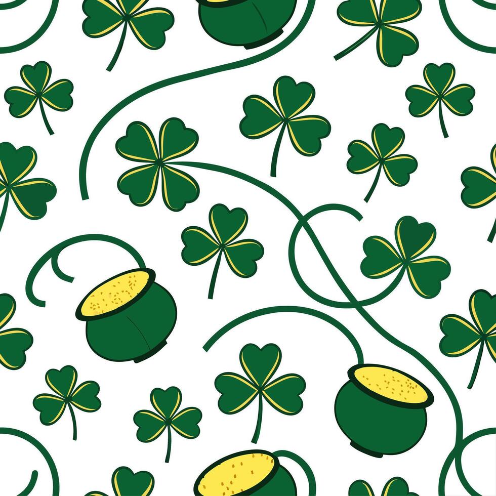 Elegant Irish clovers and pots of gold seamless tile pattern with rich green and gold accents concept as Rich green and gold accents highlight elegant Irish clovers intertwined wit Dynamic vector