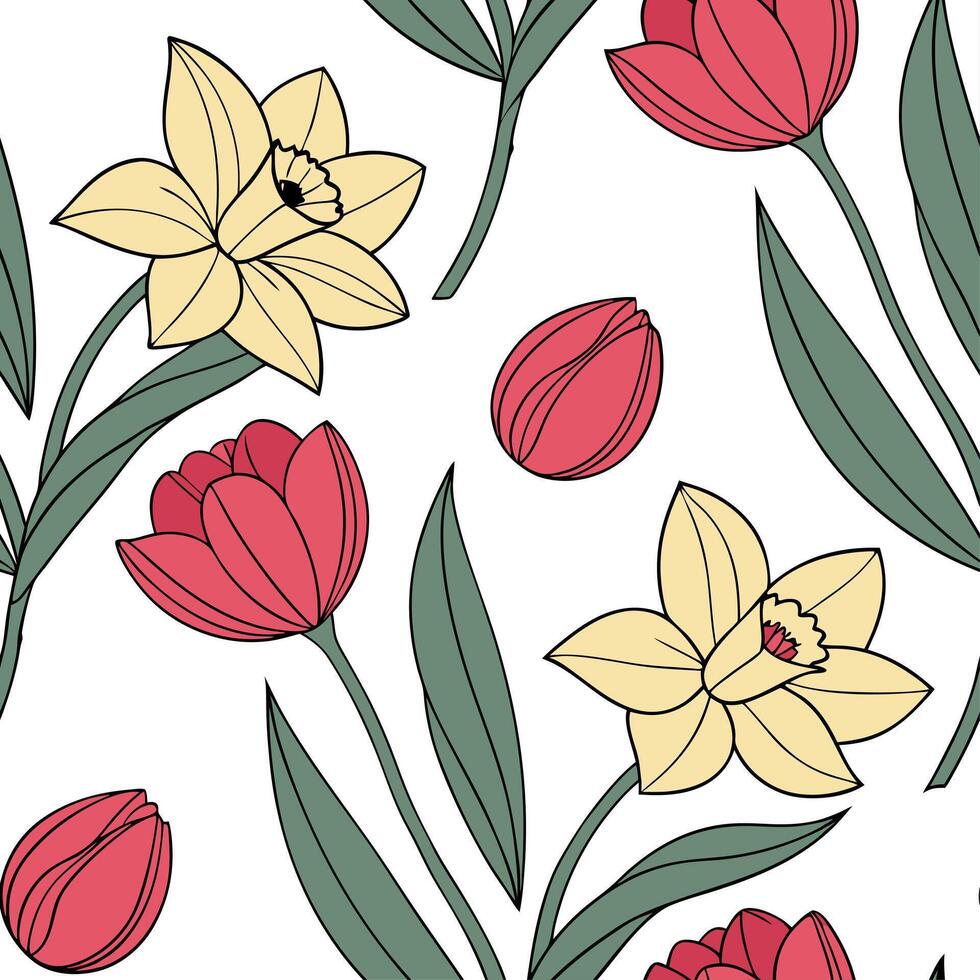 Elegant Easter orchids and tulips seamless tile pattern with rich spring hues concept as Rich spring hues highlight elegant Easter orchids and tulips in seamless tile pattern in P Dynamic Set 2 vector