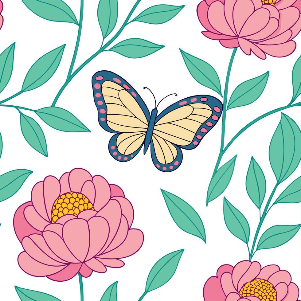 Elegant Easter peonies and butterflies seamless tile pattern with rich spring colors concept as Rich spring colors adorn elegant Easter peonies and butterflies in seamless tile pat Dynamic vector