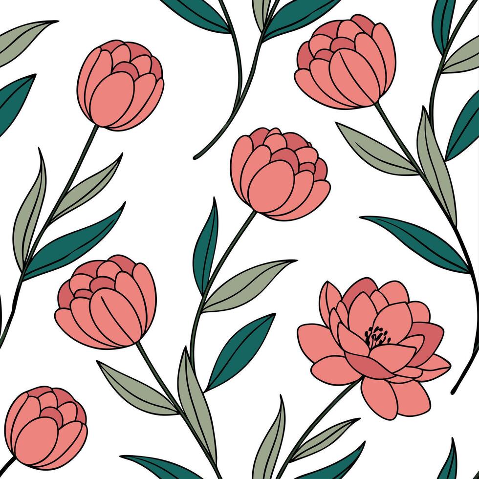 Elegant Easter peonies and tulips seamless tile pattern with rich floral details concept as Rich floral details adorn elegant Easter peonies and tulips in seamless tile pattern in Dynamic vector