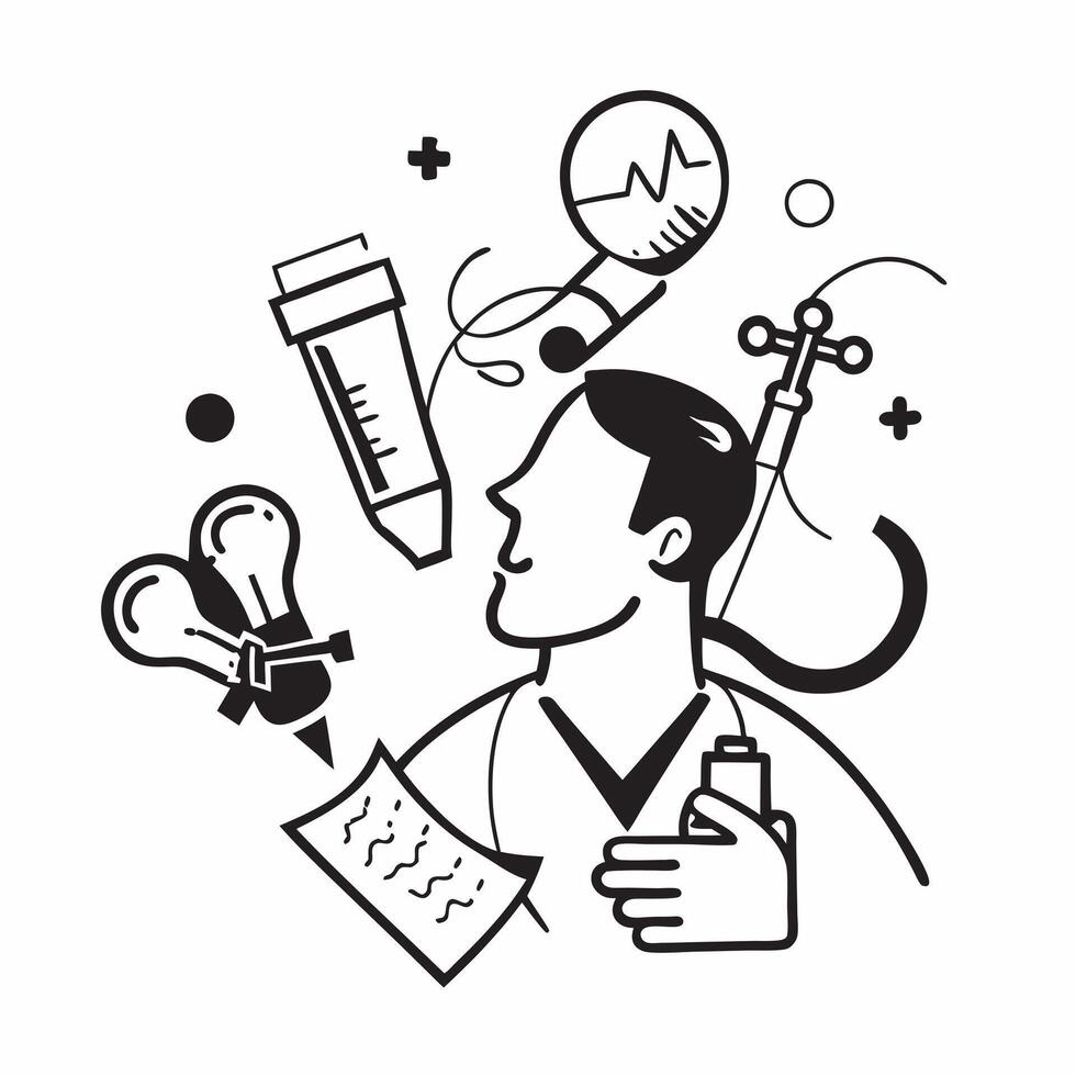 Doctor double exposure with medical tools concept as A doctors profile combined with medical tools and equipment symbolizing healthcare and medical responsibility Ideal for health Dynamic vector