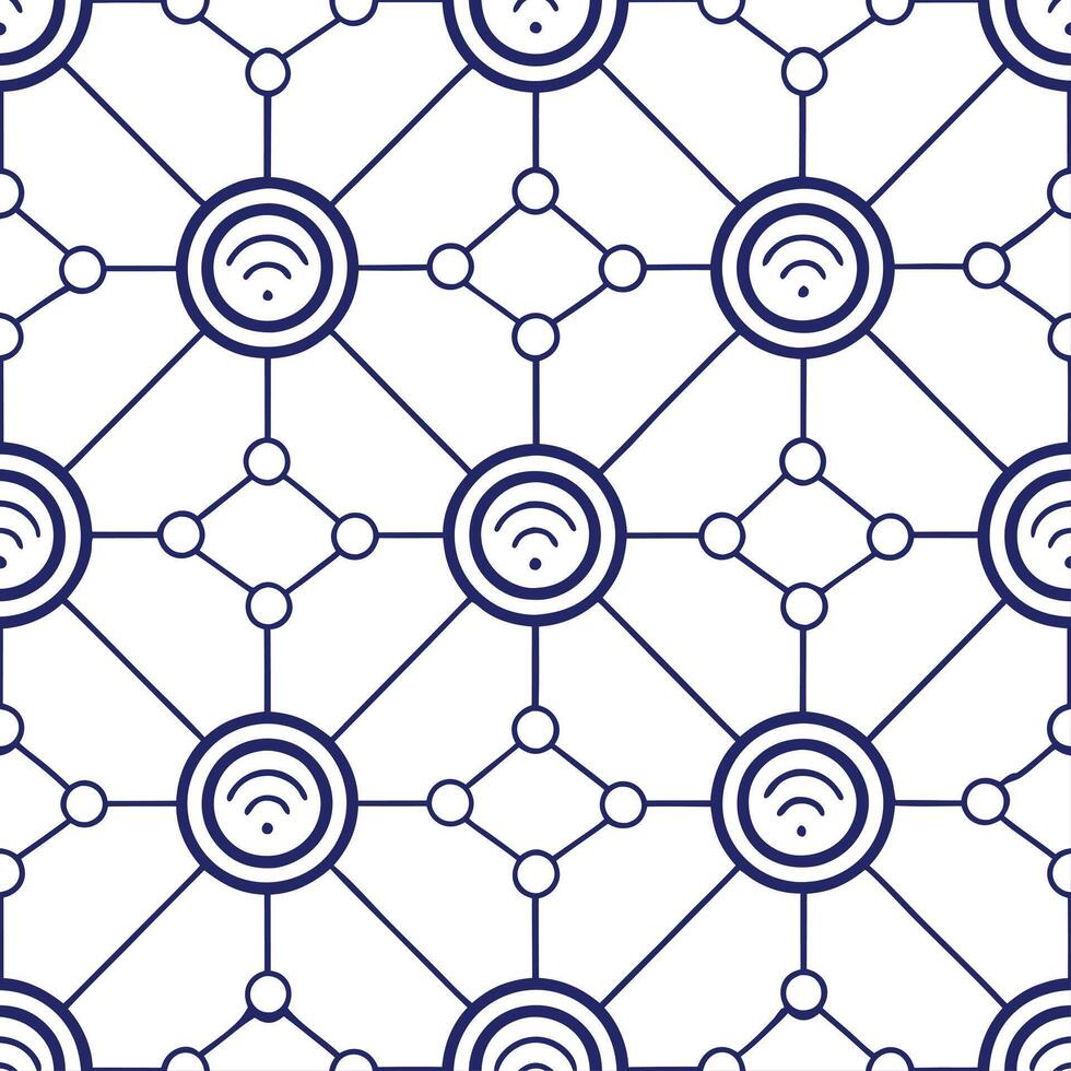 Digital network seamless pattern with stylized connectivity icons and radiant fiber links arranged in structured tile format isolated white balance advanced digital art concept as Dynamic vector