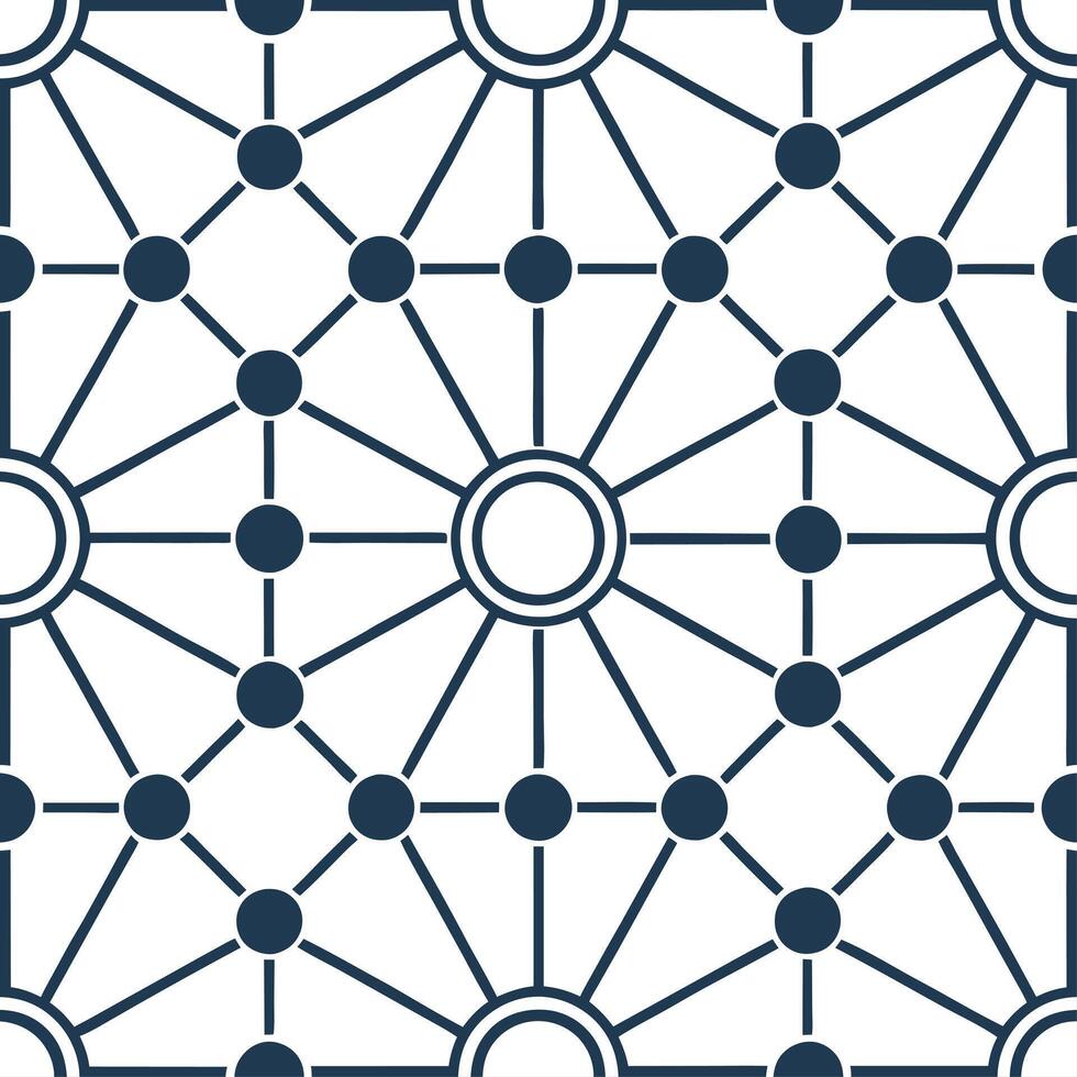 Digital network seamless pattern combining minimal data streams and abstract connection nodes arranged in symmetrical tile design isolated white balance crisp modern style concept Dynamic vector