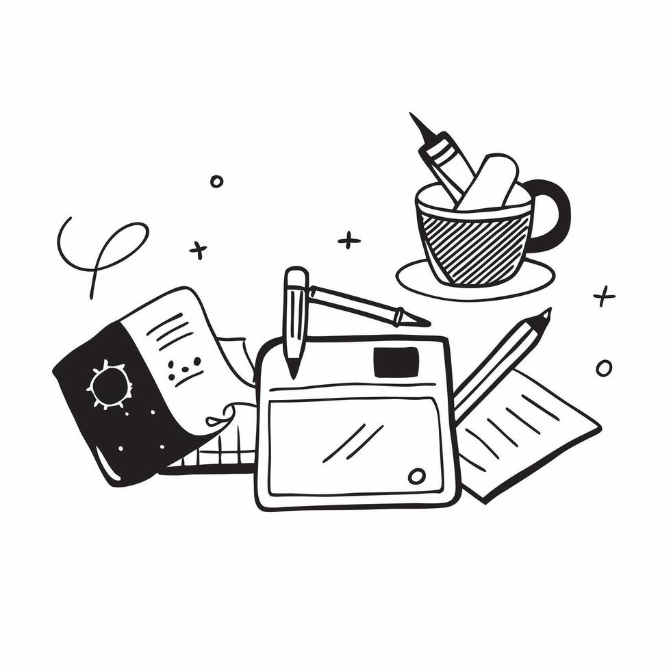 Desk setup illustration with space for text and graphics concept as An illustrative desk setup design featuring ample space for both text and graphics perfect for illustrating morn Dynamic vector
