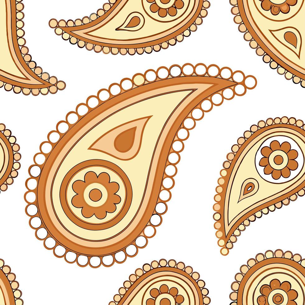 Design a seamless pattern with paisley motifs inspired by 1970s bohemian style in warm earthy colors concept as Create a repeating design featuring paisley shapes influenced by 197 Dynamic vector