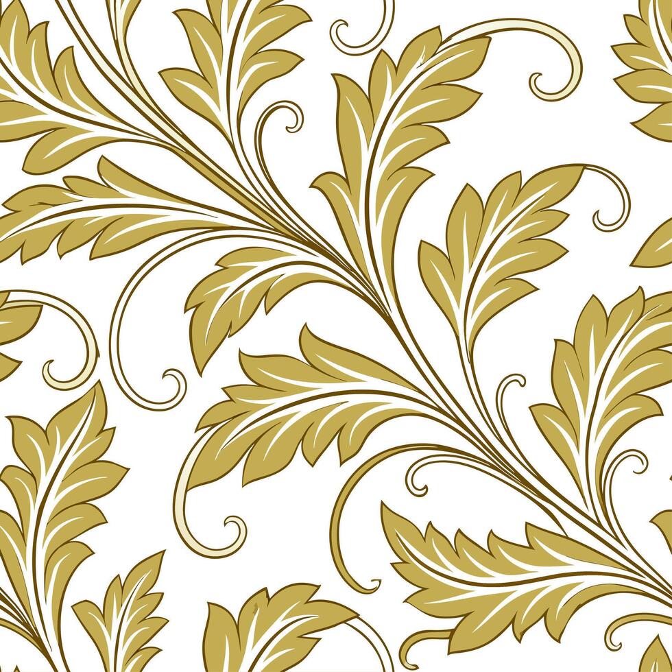 Create a seamless pattern with Baroque scrollwork and acanthus leaves in gold and cream hues concept as Design a seamless pattern featuring Baroque style scrolls and acanthus leave Dynamic vector
