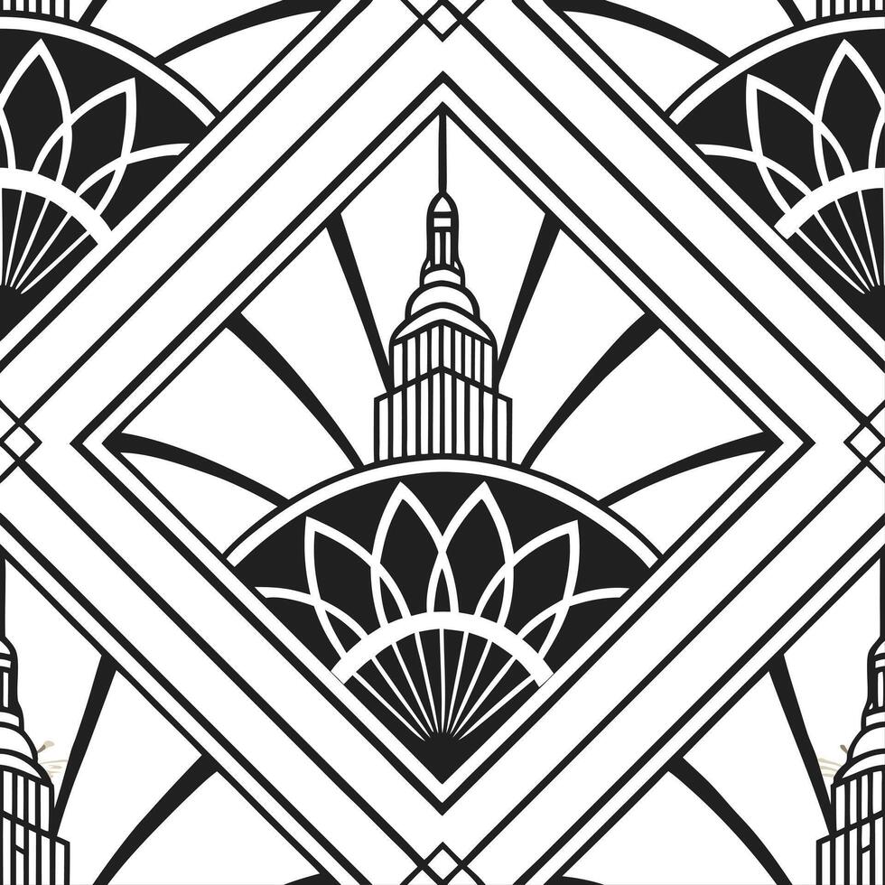 Create a seamless pattern combining Art Deco poster elements with geometric shapes in gold and black concept as Develop a repeating design that merges Art Deco inspired poster moti Dynamic vector