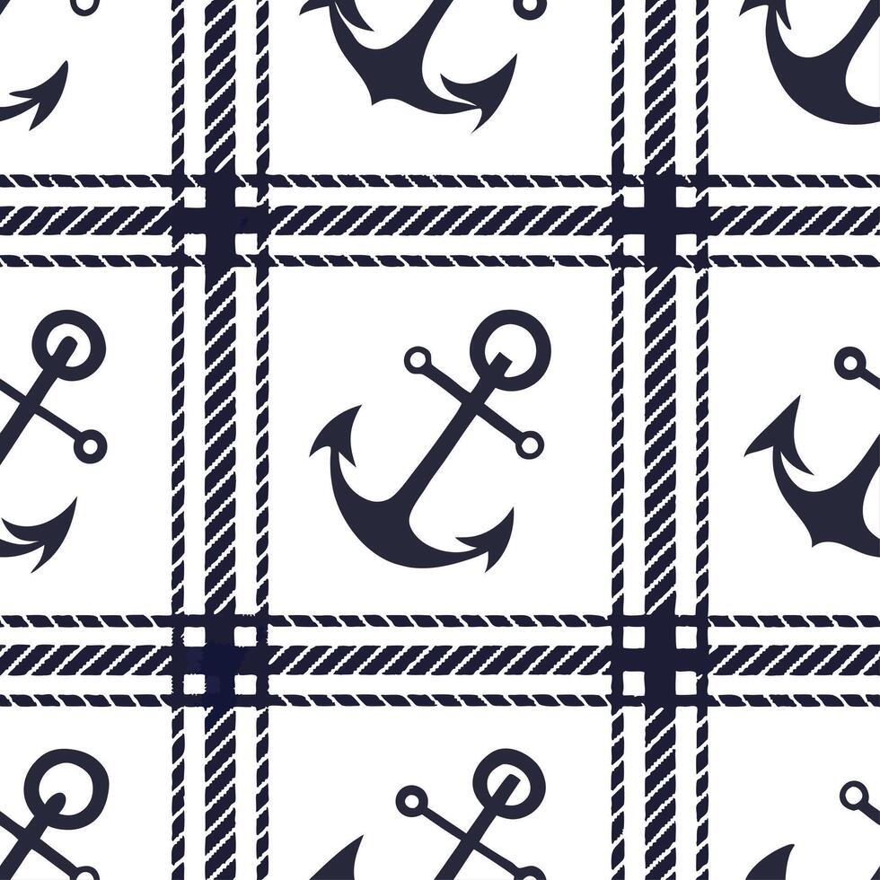 Create a seamless pattern featuring tartan motifs with nautical elements in navy and white concept as Design a repeating pattern that blends traditional tartan designs with nautica Dynamic vector