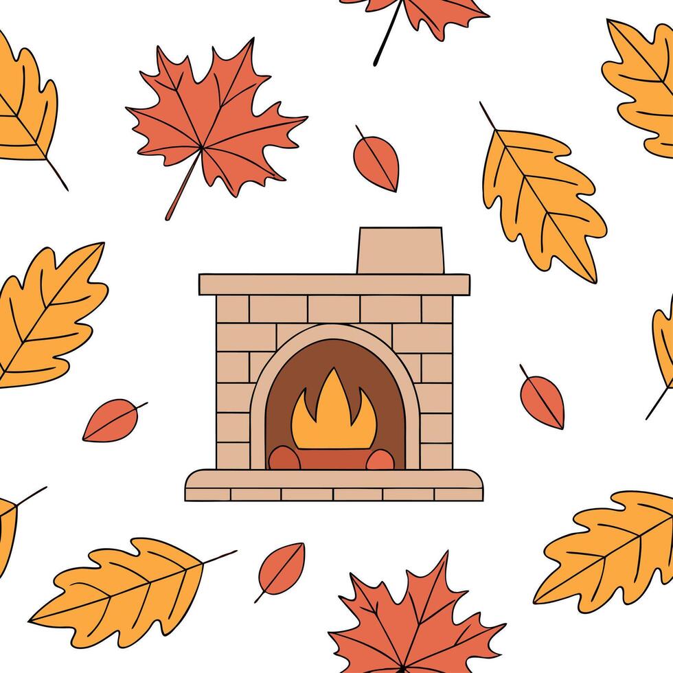 Cozy fireplace and autumn leaves seamless tile pattern with warm inviting tones concept as A cozy fireplace surrounded by autumn leaves creates a seamless tile pattern with warm in Dynamic vector