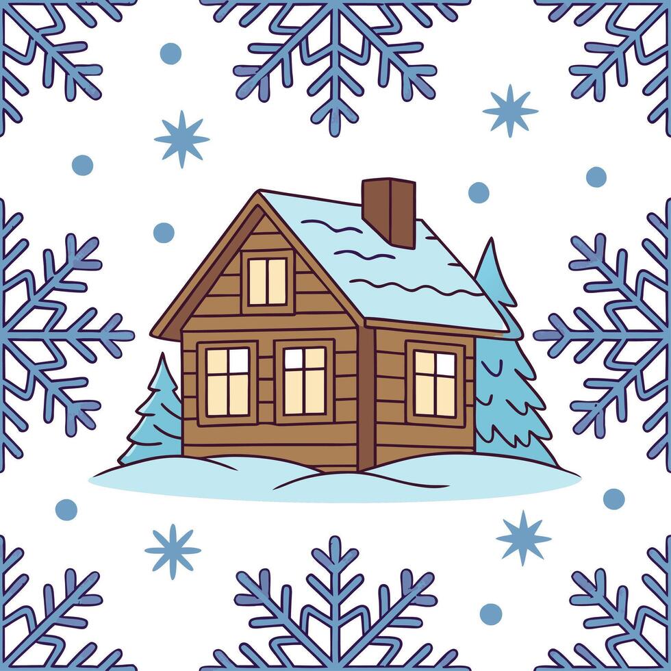 Cozy cabin in the snow seamless tile pattern with warm lights and frosty details concept as A cozy cabin nestled in snow with warm lights and frosty details forms a seamless tile p Dynamic vector