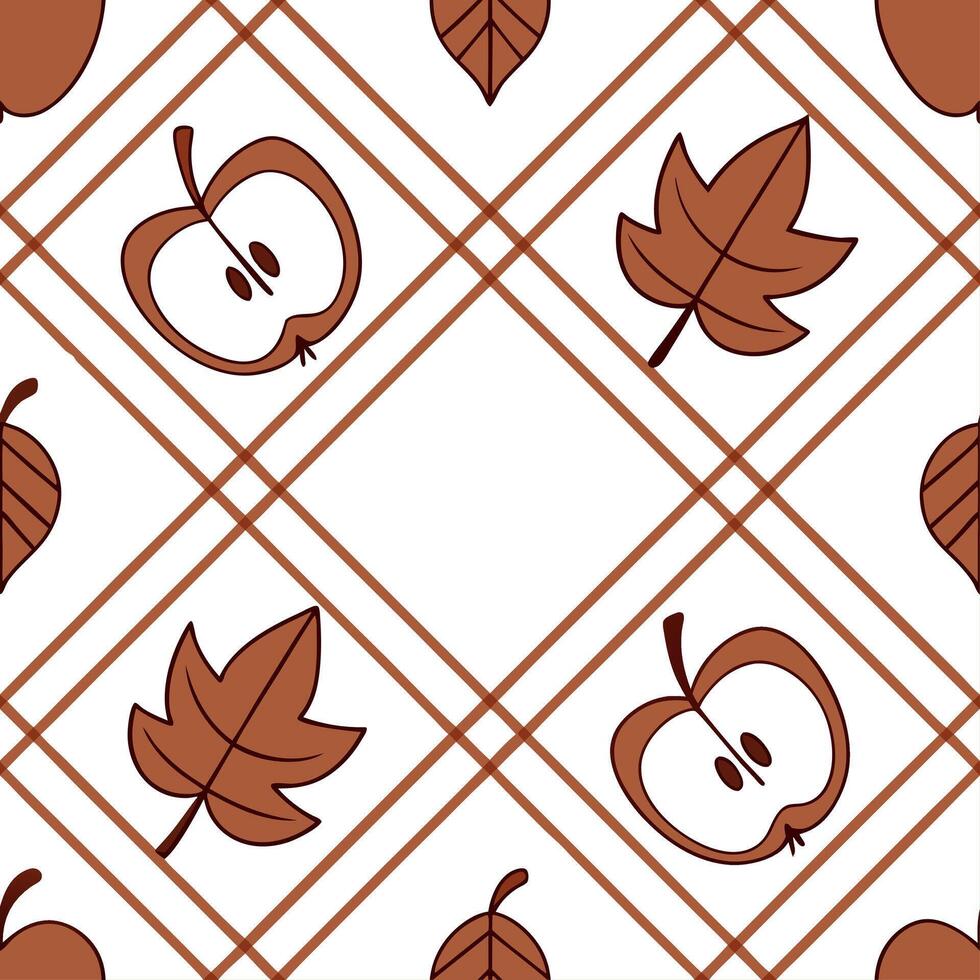 Cozy autumn plaid and apples seamless tile pattern with warm colors and fall elements concept as Autumn plaid combined with apples creates a cozy seamless tile pattern with warm co Dynamic vector