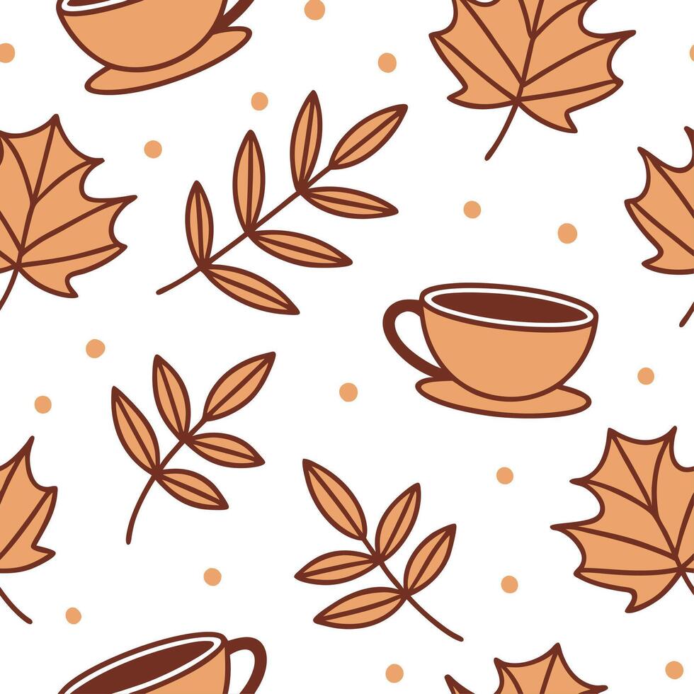 Cozy autumn tea and leaves seamless tile pattern with warm inviting colors concept as Warm colored tea cups and autumn leaves create a cozy seamless tile pattern perfect for fall t Dynamic vector