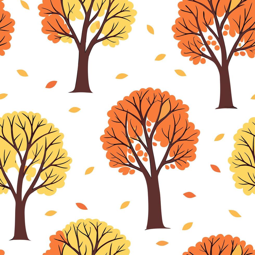 Cozy autumn trees seamless tile pattern with falling leaves and warm hues for inviting spaces concept as Falling leaves and warm autumn hues arranged seamlessly to create cozy and Dynamic Set 2 vector