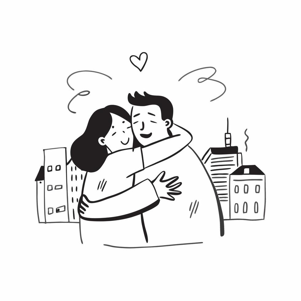 Couples embrace with a cityscape concept as A couples embrace blended with a cityscape symbolizing parting ways and urban goodbyes Ideal for romantic and emotional ads in Photo S Dynamic vector