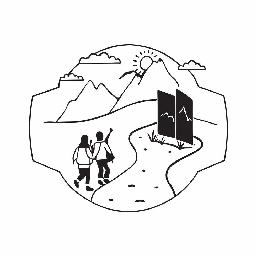 Couple exploring a cool mountain destination concept as High resolution image of a couple exploring a cool mountain destination to escape the heat highlighting adventure nature and Dynamic Set 2 vector