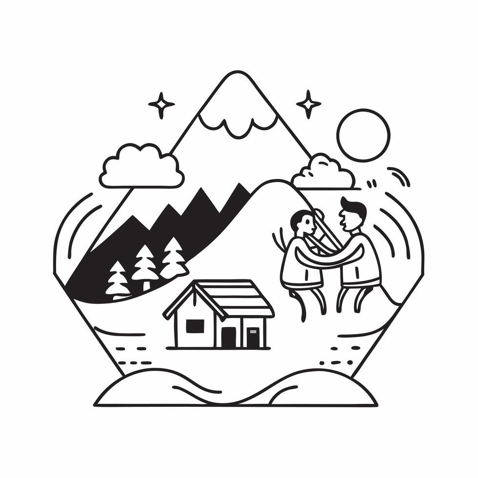 Couple enjoying a snowy mountain getaway concept as A couple enjoys a snowy mountain getaway skiing and relaxing in a cozy cabin capturing the essence of a winter wonderland vacati Dynamic vector