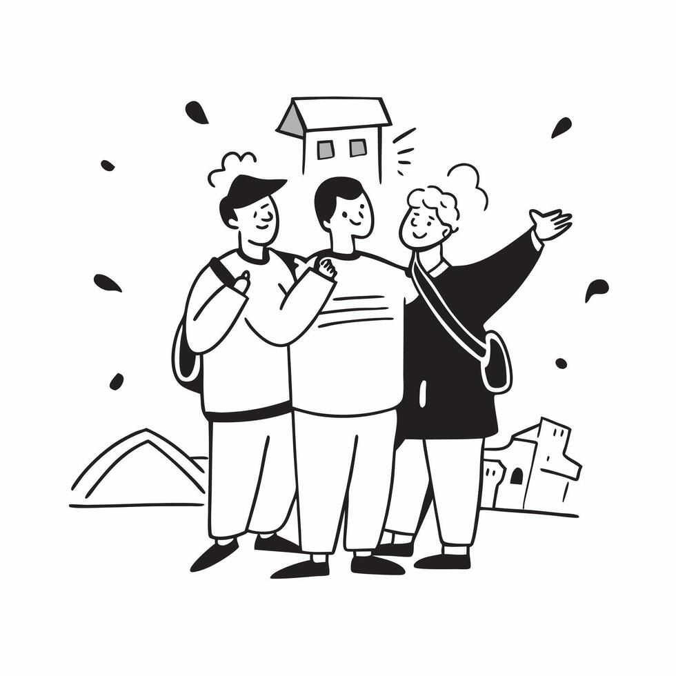 College friends reuniting at a campus concept as College friends reuniting blended with a campus scene symbolizing the nostalgia and joy of reuniting with old friends Ideal for ed Dynamic vector