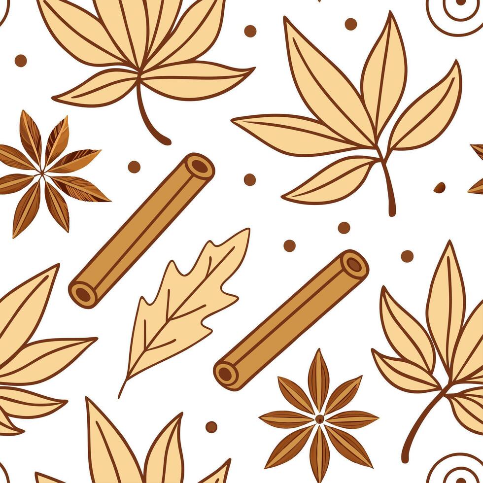 Cinnamon and spice seamless tile pattern with autumn leaves and warm earth tones for cozy seasonal decor concept as Autumn leaves and spice elements like cinnamon arranged seamless Dynamic vector