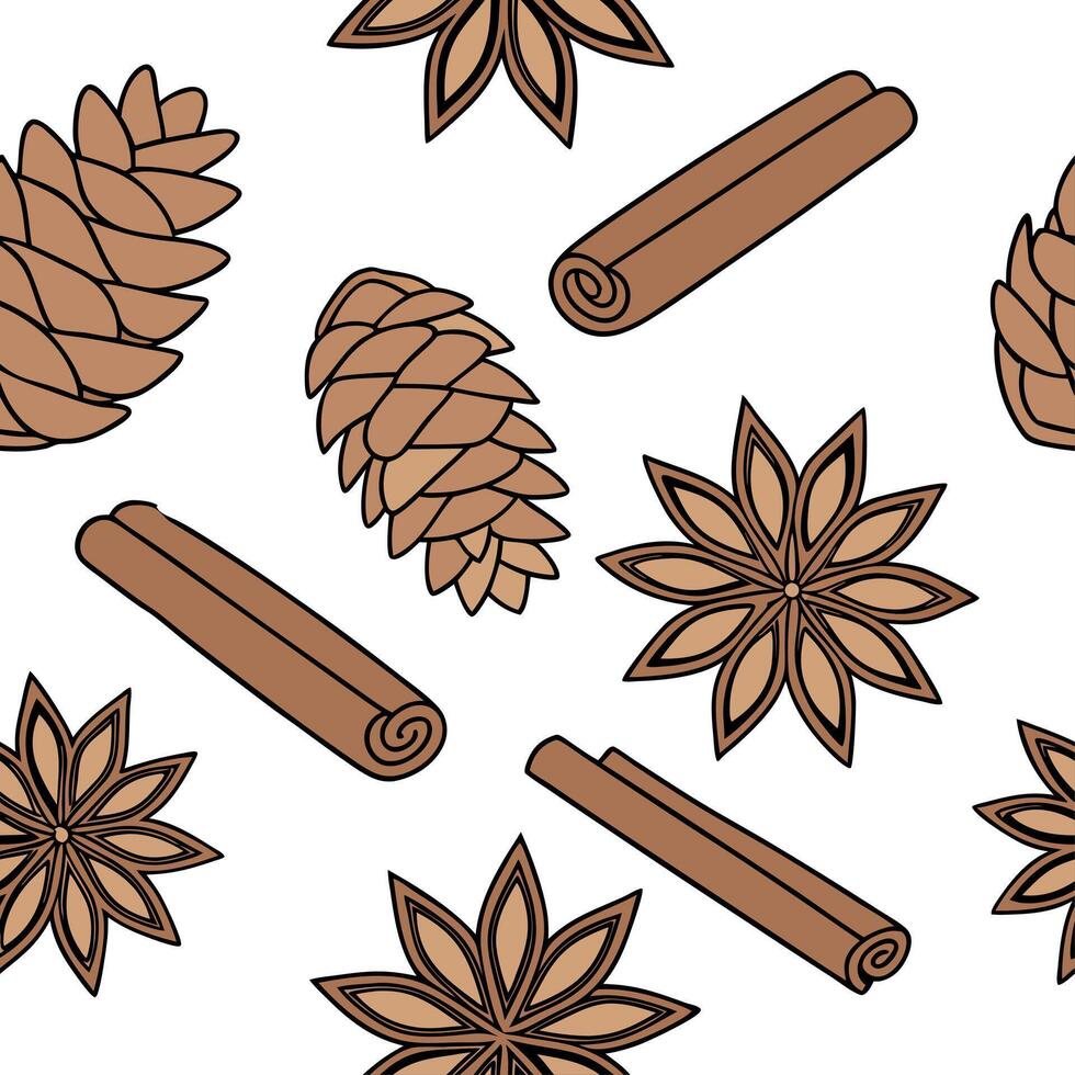 Cinnamon stick and pinecone seamless tile pattern with earthy tones for rustic autumn home accents concept as Earthy tones of cinnamon sticks and pinecones arranged seamlessly for Dynamic vector