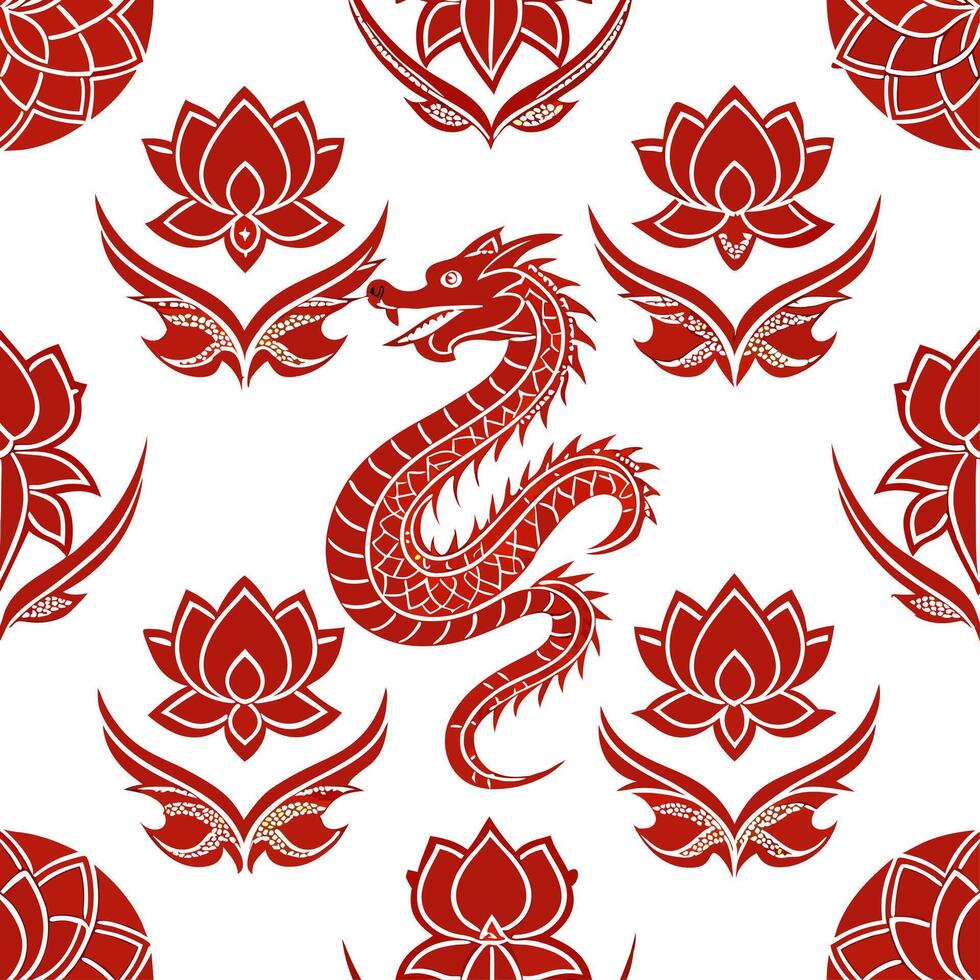 Chinese dragons and lotus flowers seamless tile pattern with rich red and gold accents concept as Rich red and gold accents highlight Chinese dragons intertwined with lotus flowers Dynamic vector