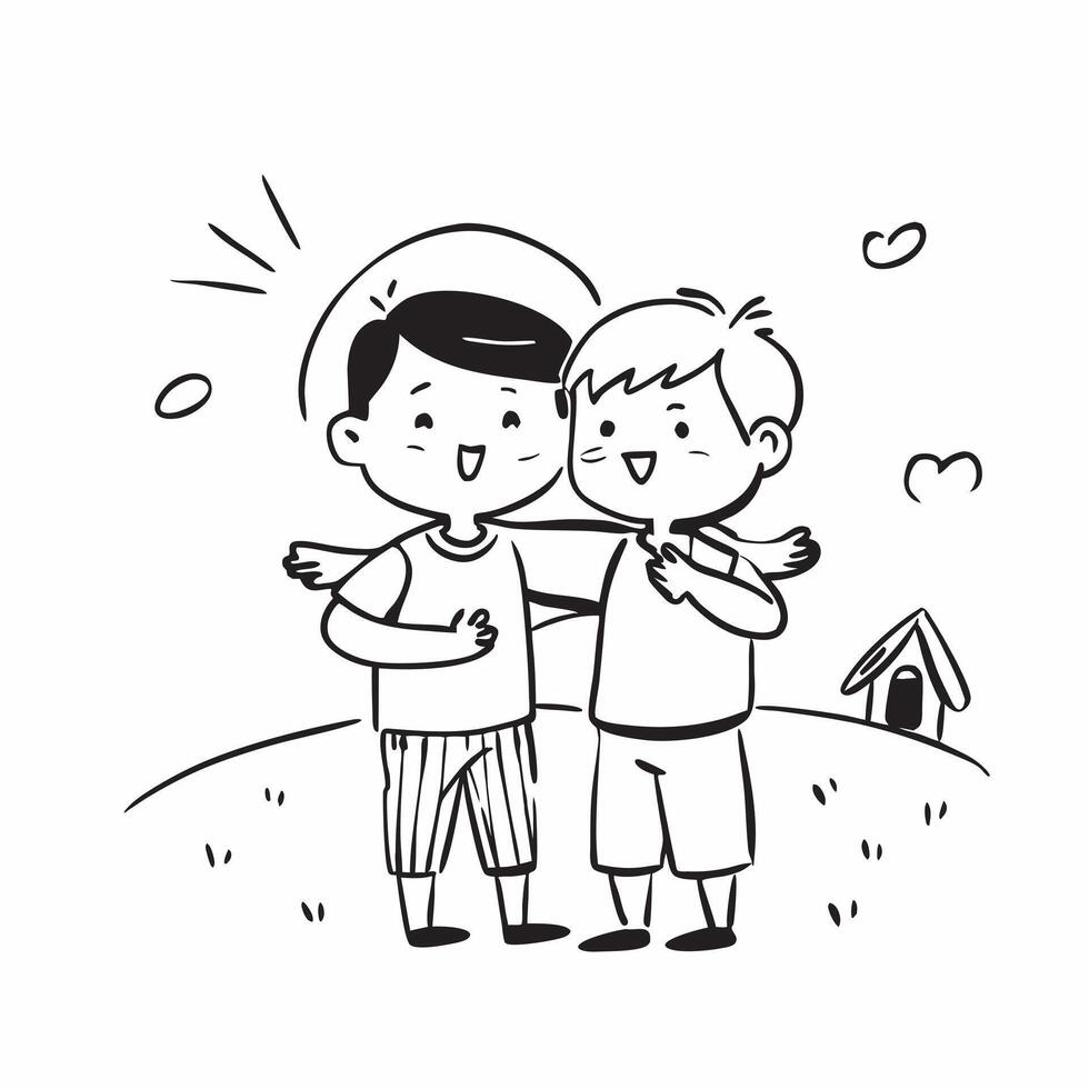 Childhood friends reuniting at a summer camp concept as Childhood friends reuniting blended with a summer camp scene symbolizing the nostalgia and joy of reuniting at a childhood l Dynamic vector