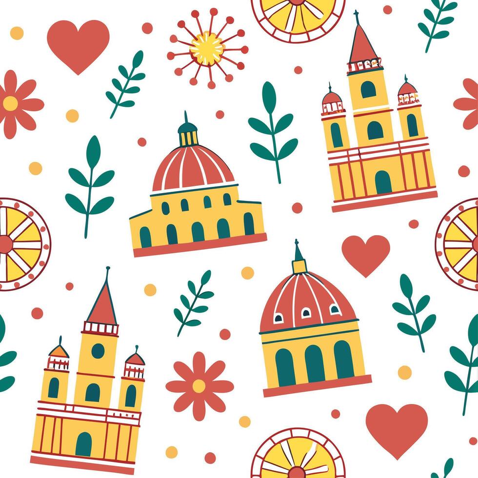 Charming local landmarks and traditional symbols seamless tile pattern with vibrant colors concept as Vibrant colors highlight charming local landmarks and traditional symbols in s Dynamic vector