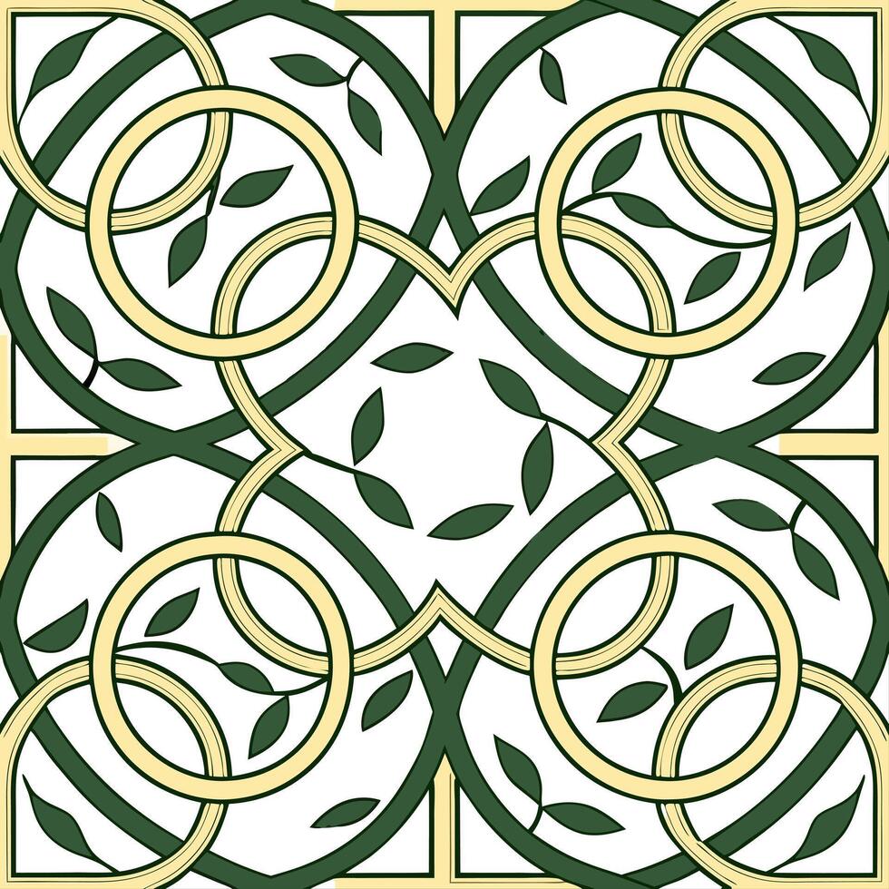 Celtic knots and interwoven vines seamless tile pattern with rich green and gold accents concept as Rich green and gold accents highlight Celtic knots intertwined with vines in sea Dynamic vector