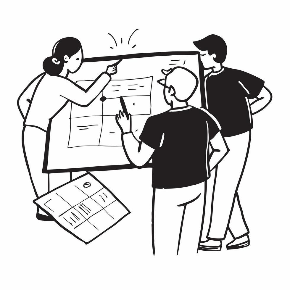 Business team planning next quarters strategy in a meeting concept as A illustration of a business team planning next quarters strategy in a meeting using a 3 color scheme t Dynamic vector