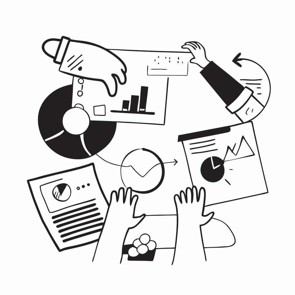 Business partners working on a project concept as A illustration of business partners working on a project together using charts and graphs with an 8 color palette to highli Dynamic vector