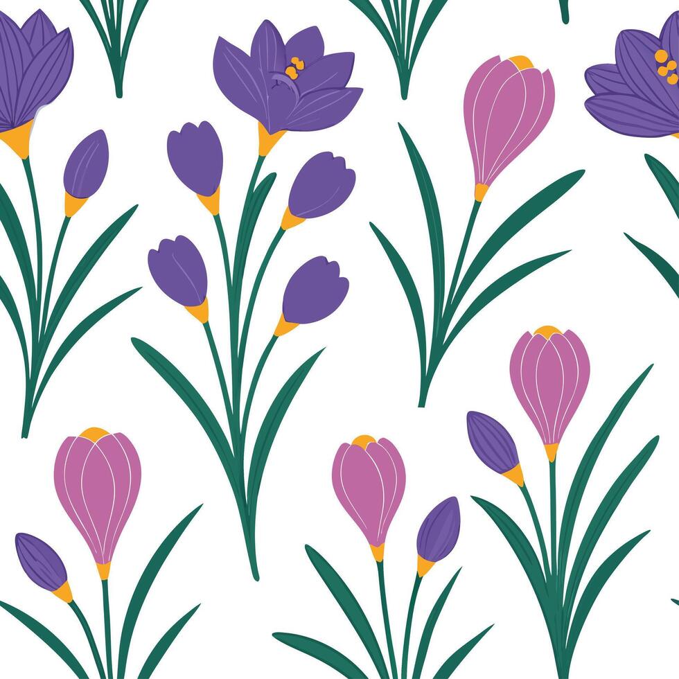 Bright and fresh spring flowers seamless pattern with hyacinths and crocuses for vibrant spaces concept as Fresh hyacinths and crocuses in a seamless floral pattern for spring spac Dynamic vector