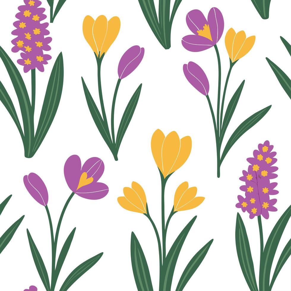 Bright spring garden seamless pattern with crocuses and hyacinths for cheerful garden spaces concept as Cheerful spring garden design featuring crocuses and hyacinths seamlessly ar Dynamic vector