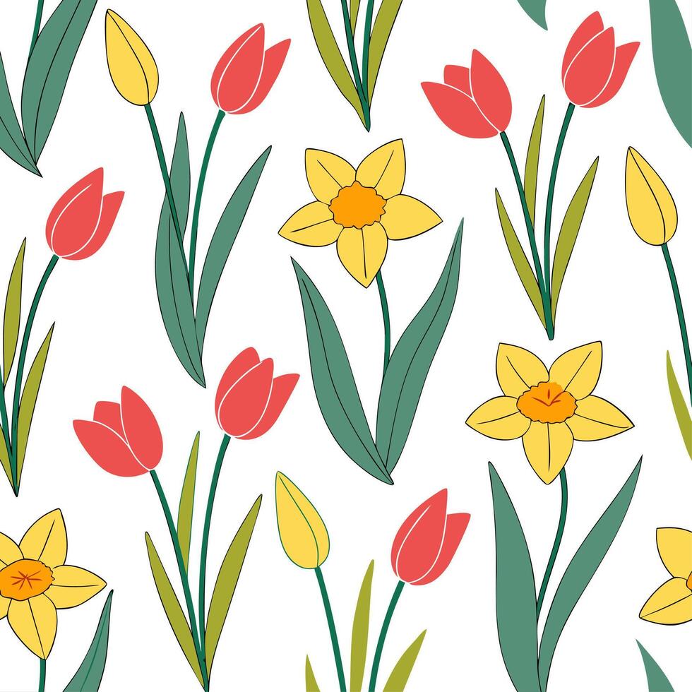 Bright and colorful spring garden seamless pattern with daffodils and tulips for lively garden spaces concept as A lively garden full of daffodils and tulips arranged in a seamless Dynamic vector