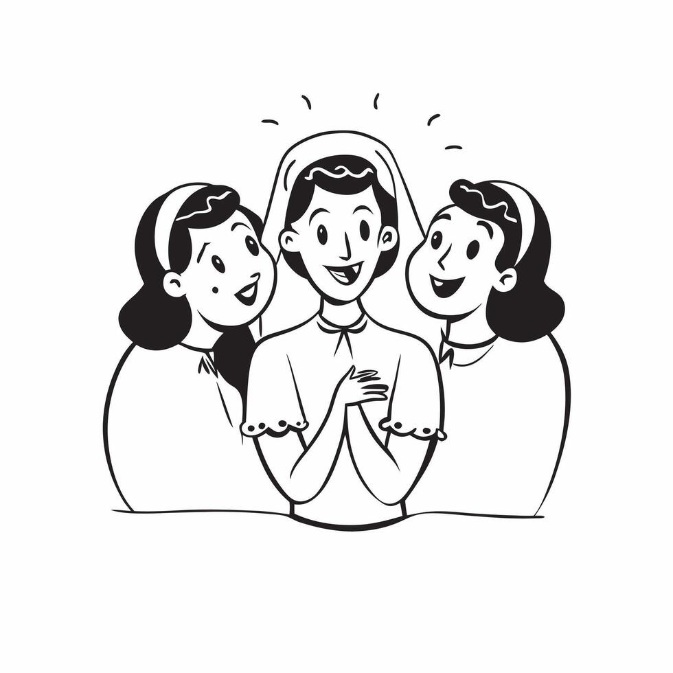 Bride and bridesmaids concept as High resolution image of a bride with her bridesmaids with a glossy backdrop capturing the friendship and joy of the wedding day in Photo Stock Co Dynamic vector