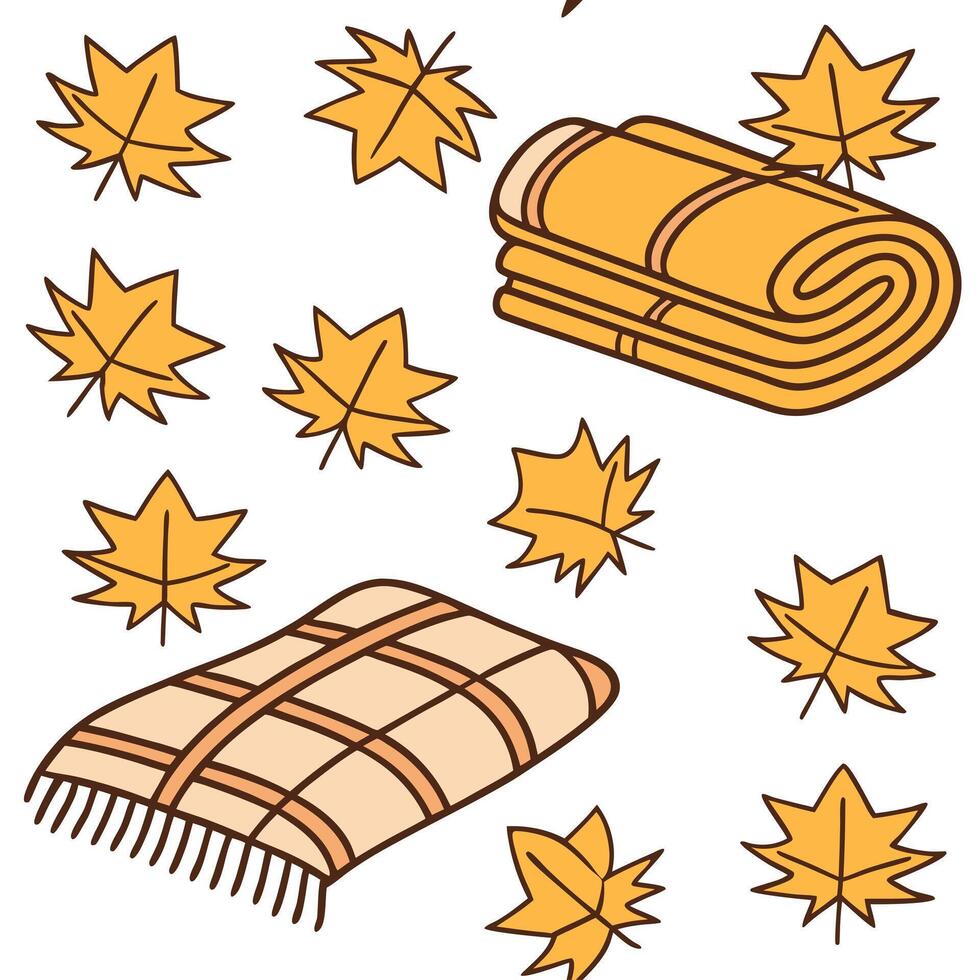 Autumn warmth seamless tile pattern with cozy blankets and golden maple leaves for inviting home decor concept as Cozy blankets and golden maple leaves arranged seamlessly to creat Dynamic Set 6 vector