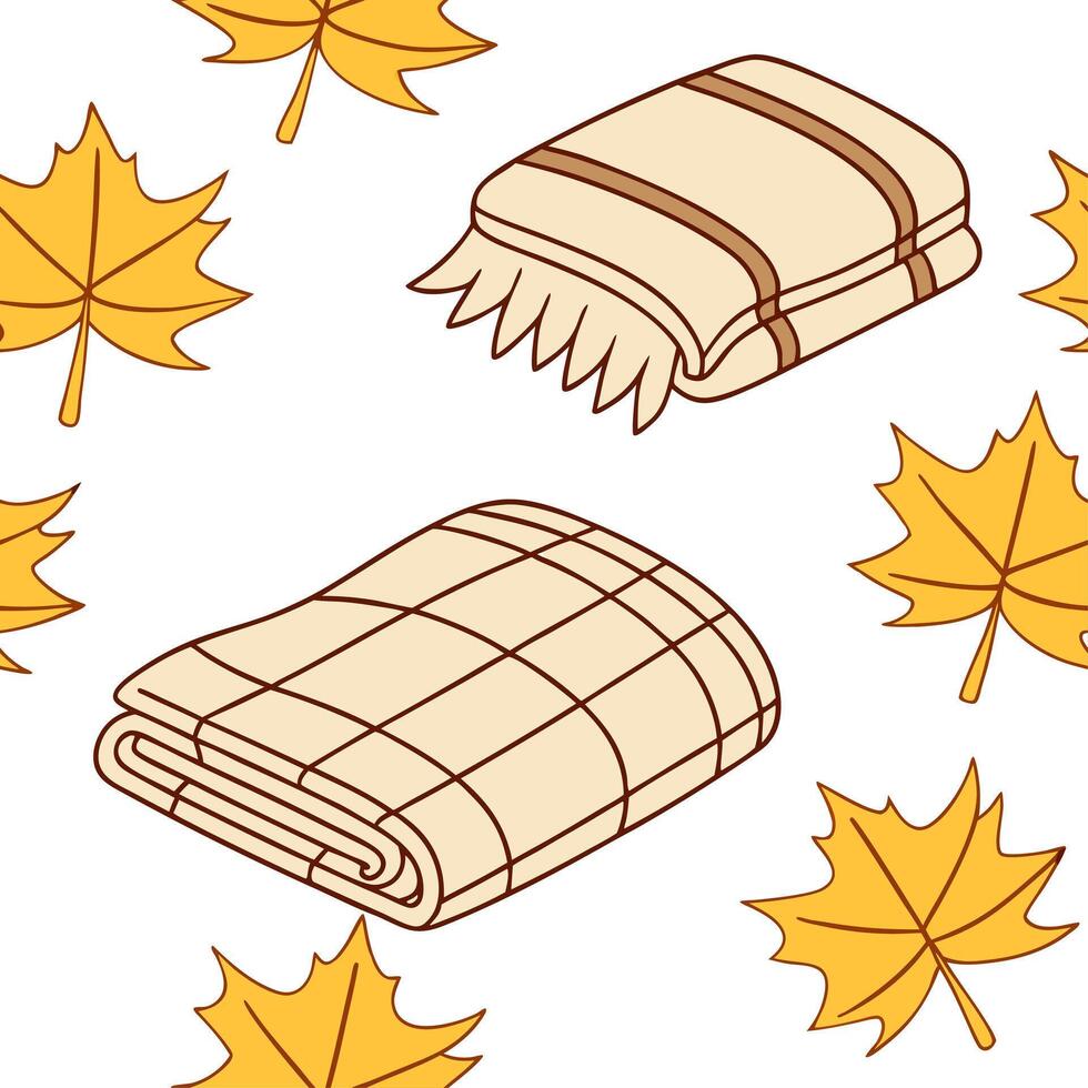 Autumn warmth seamless tile pattern with cozy blankets and golden maple leaves for inviting home decor concept as Cozy blankets and golden maple leaves arranged seamlessly to creat Dynamic Set 5 vector