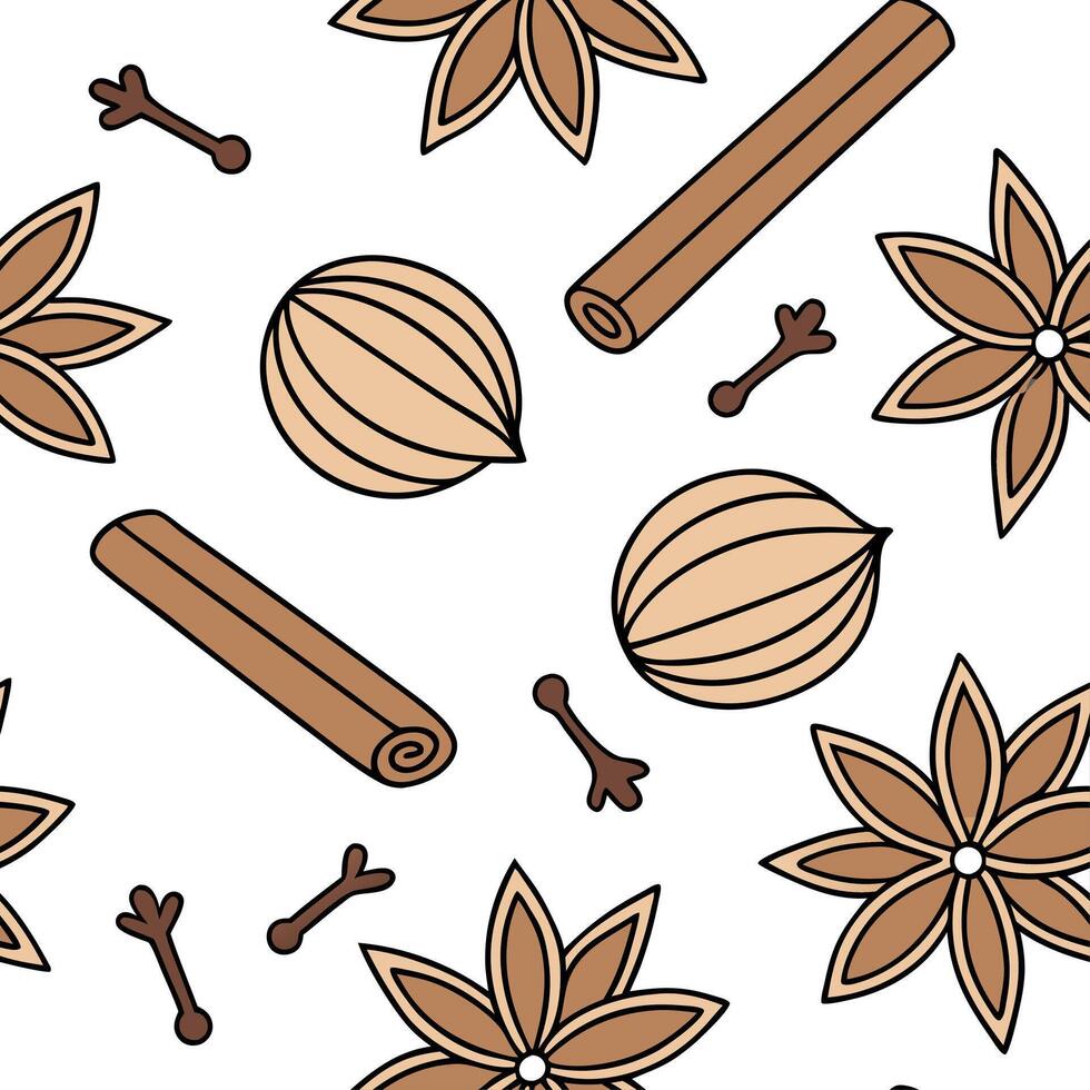 Autumn spices seamless tile pattern with cinnamon sticks nutmeg and cloves in warm tones concept as Cinnamon sticks nutmeg and cloves in warm tones create an autumn spices seamless Dynamic vector