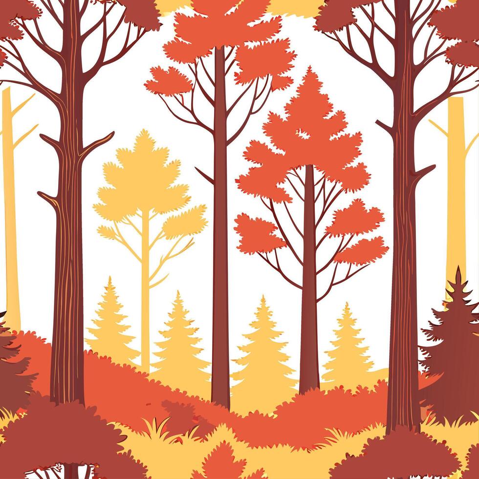 Autumn forest seamless tile pattern with towering trees and colorful foliage for woodland themed spaces concept as Towering autumn trees and colorful foliage arranged seamlessly to Dynamic Set 2 vector