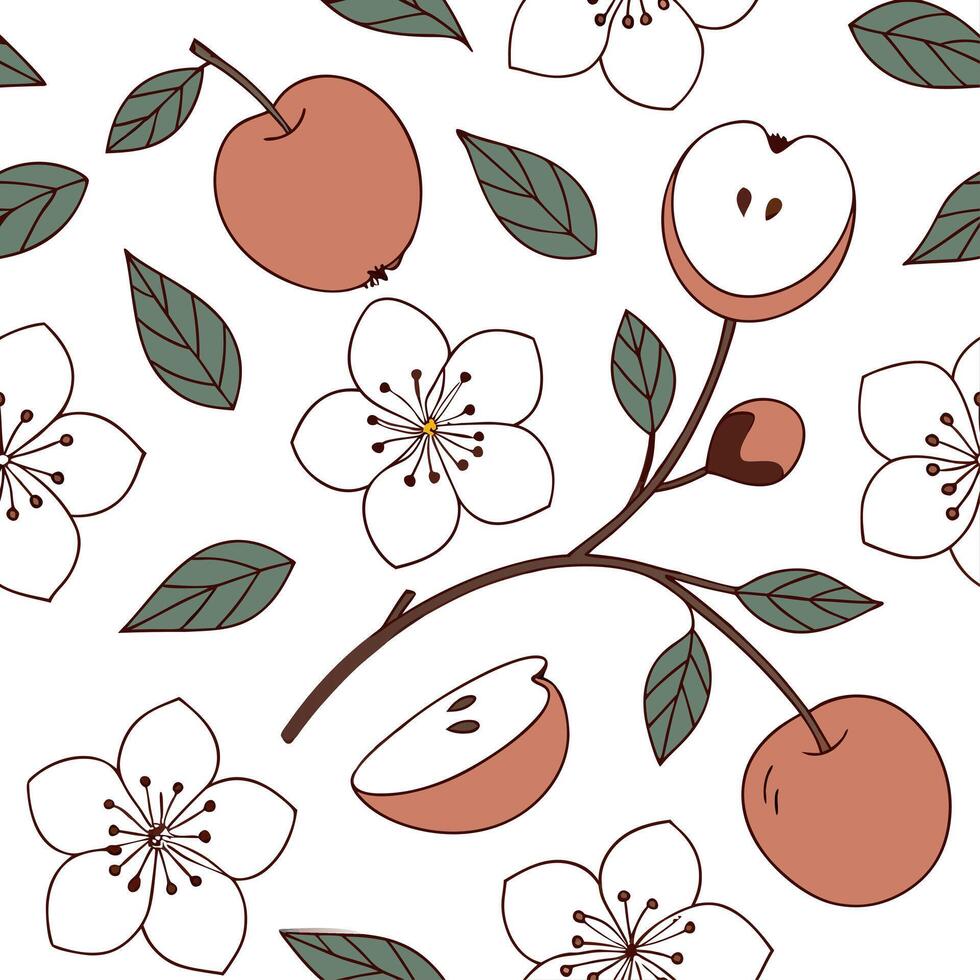 Autumn apple blossom seamless tile pattern with delicate flowers and ripe fruits concept as Delicate apple blossoms and ripe fruits form an autumn apple blossom seamless tile patte Dynamic vector