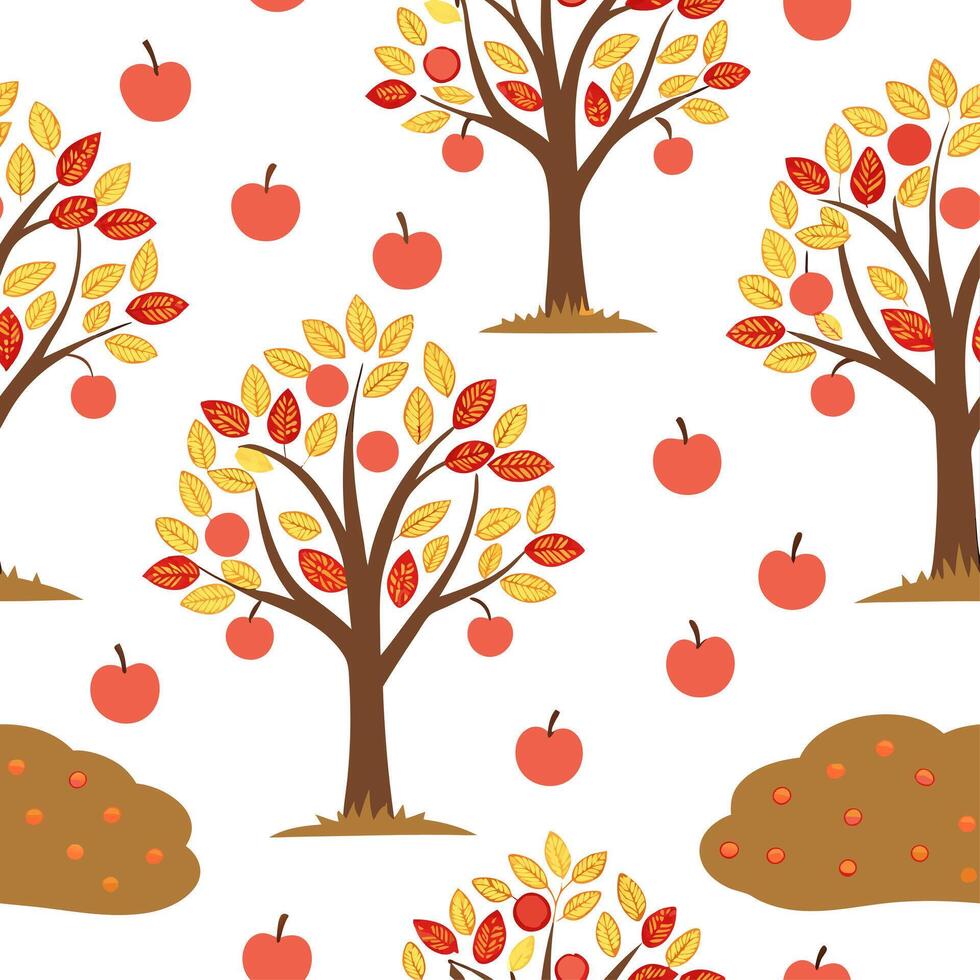 Autumn apple orchard seamless tile pattern with ripe apples trees and fall foliage concept as Ripe apples trees and fall foliage create an autumn apple orchard seamless tile patter Dynamic vector