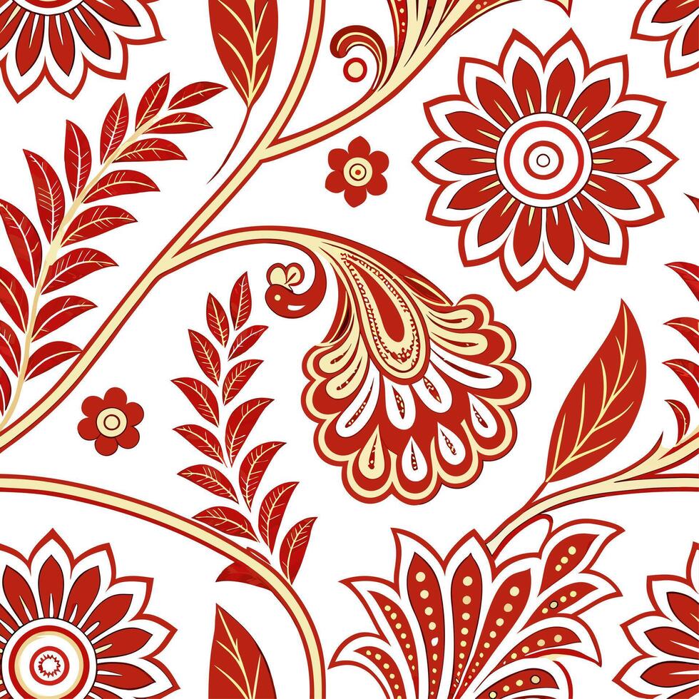 Asian inspired floral and dragon seamless tile pattern with bold red and gold accents concept as Bold red and gold accents showcase Asian inspired floral and dragon patterns in sea Dynamic vector