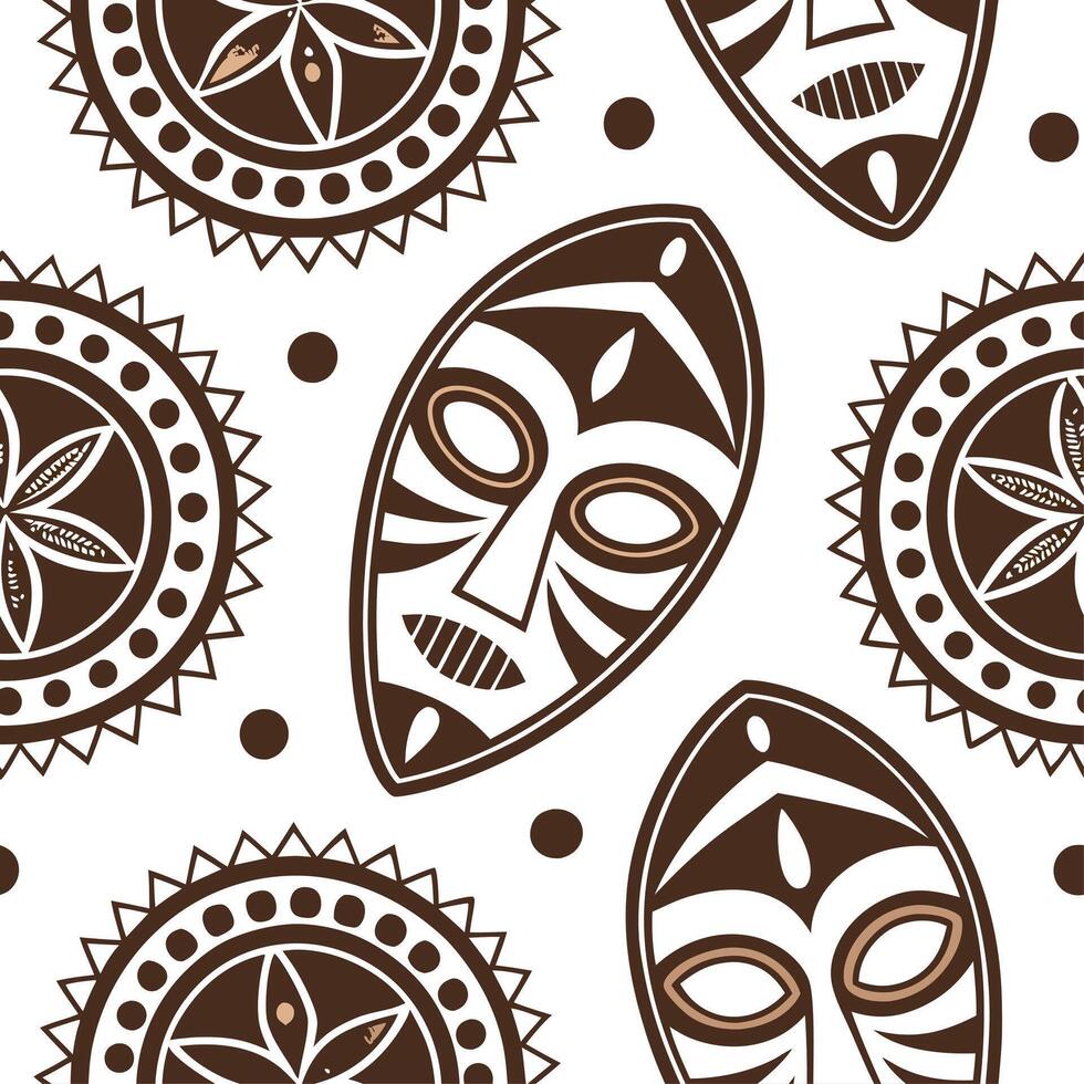 African tribal patterns and masks seamless tile pattern with earthy color palette concept as Earthy color palette highlights African tribal patterns and masks in seamless tile patt Dynamic vector