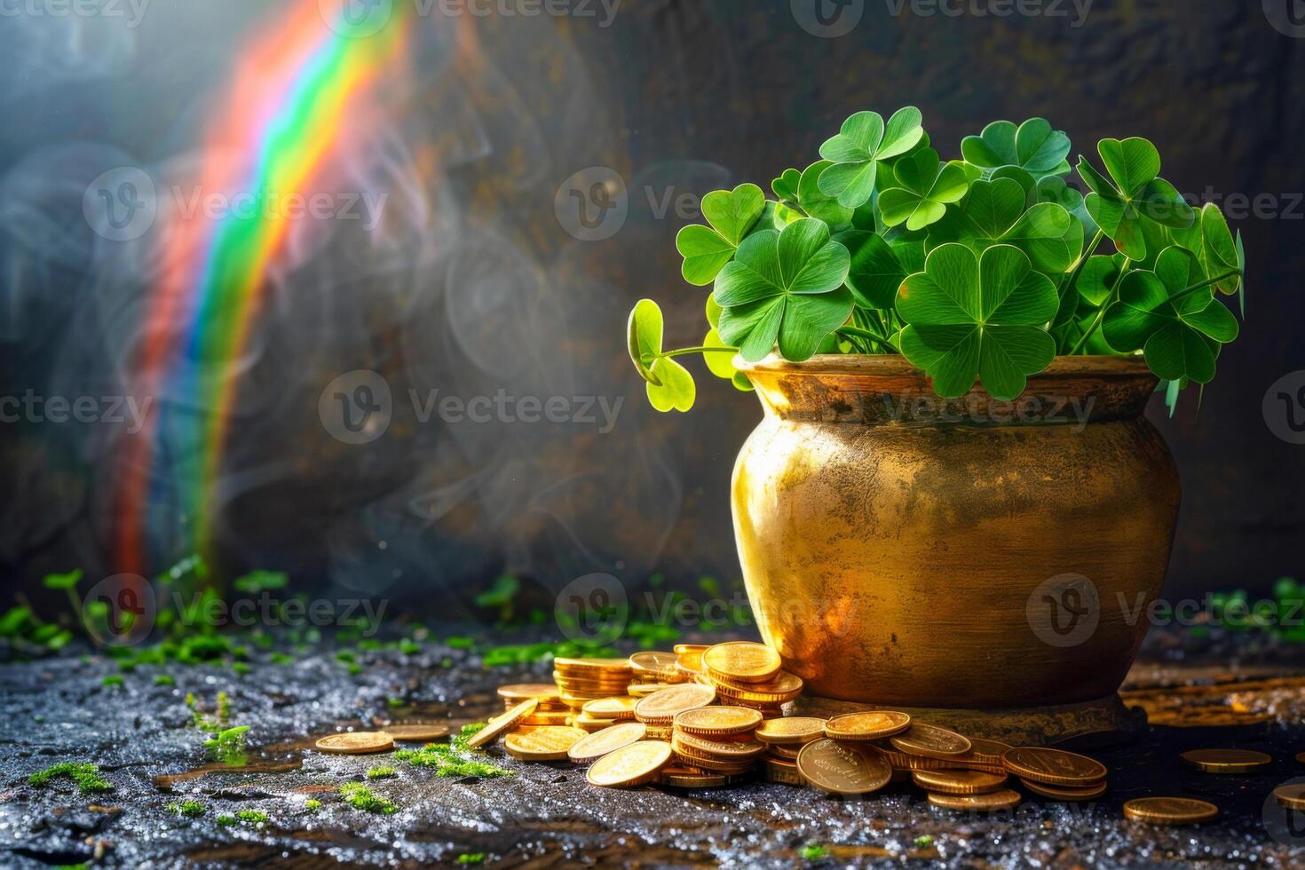 A shiny green pot filled with clovers and gold coins sits on a dark surface, with a rainbow in the background. The pot is the center of attention, and the coins are scattered around it. Patrick's Day photo