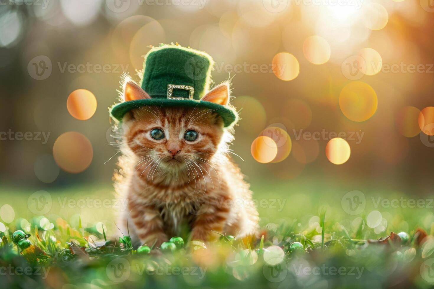 A kitten wearing a green hat is sitting in the grass. The hat is green and has a brim. The cat is looking up at something in the distance. Patrick's Day cute animal in the nature background photo