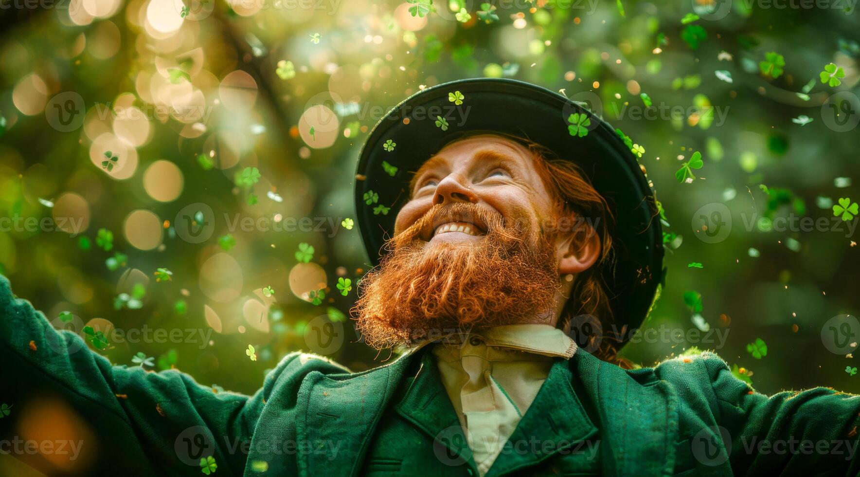 A man with a green hat and beard is smiling and throwing confetti. The scene is lively and joyful, with the man's expression and the confetti adding to the festive atmosphere. Leprechaun Patrick's Day photo