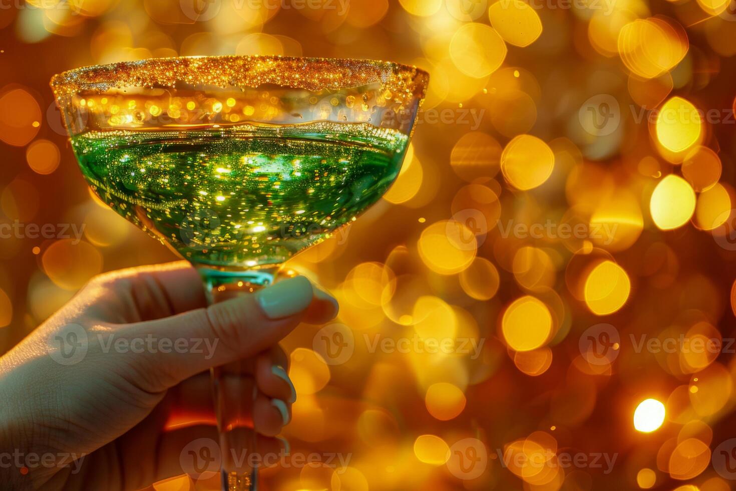 A person is holding a green glass of champagne with a green liquid in it. The image has a festive and celebratory mood, as the person is holding the glass up to their face. Patrick's day photo