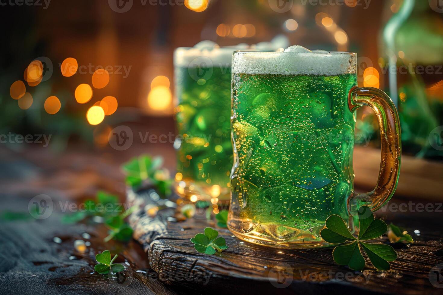 Two green mugs of beer with bubbles on top. The mugs are on a wooden table with a green leaf on it. Patrick's Day beverage for Irish holiday. Celebration drink photo