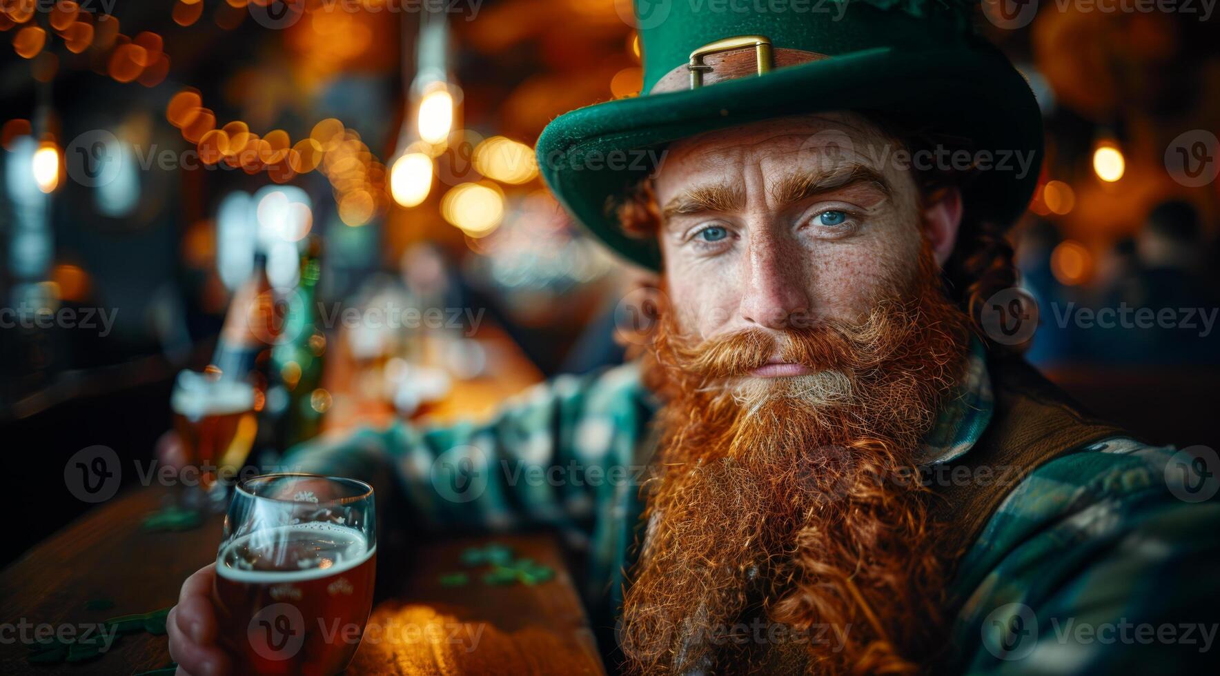 A strong man with a green hat and beard is holding a beer. The image has a festive and celebratory mood, as the man is dressed in a traditional Irish outfit and is holding a drink photo