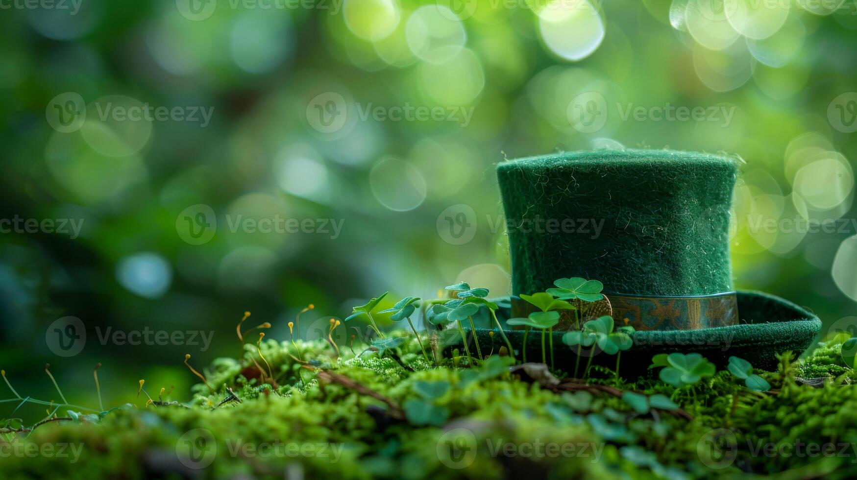 A green hat with a shamrock on it is sitting on a mossy patch of grass. The hat is surrounded by green moss and he is a symbol of Irish culture. Concept of nature and the outdoors. Patrick's Day photo