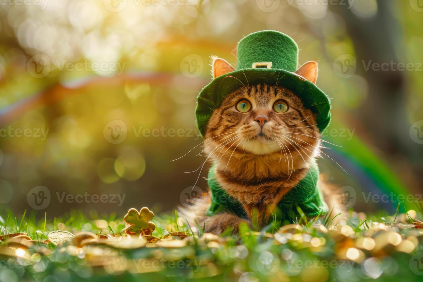 A cat wearing a green hat and laying on a green lawn with gold coins scattered around it. Scene is playful and festive, as the cat is dressed up like a leprechaun and surrounded by gold coins photo