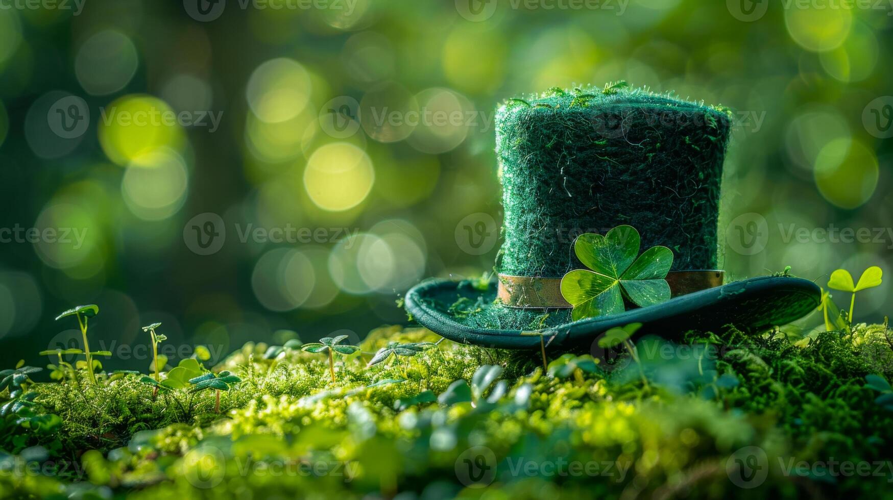 A green hat with a shamrock on it is sitting on a patch of ground. The hat is surrounded by green moss and he is a symbol of Irish culture. Concept of nature and the outdoors. Patrick's Day photo